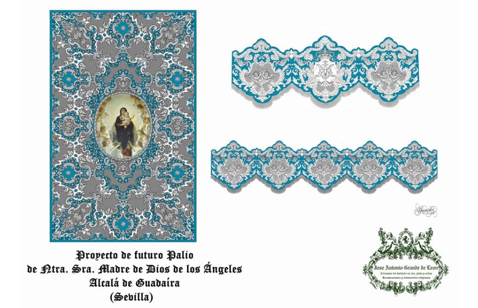 Un palio en terciopelo azul turquesa y bordado en plata para Madre de Dios de los ngeles.