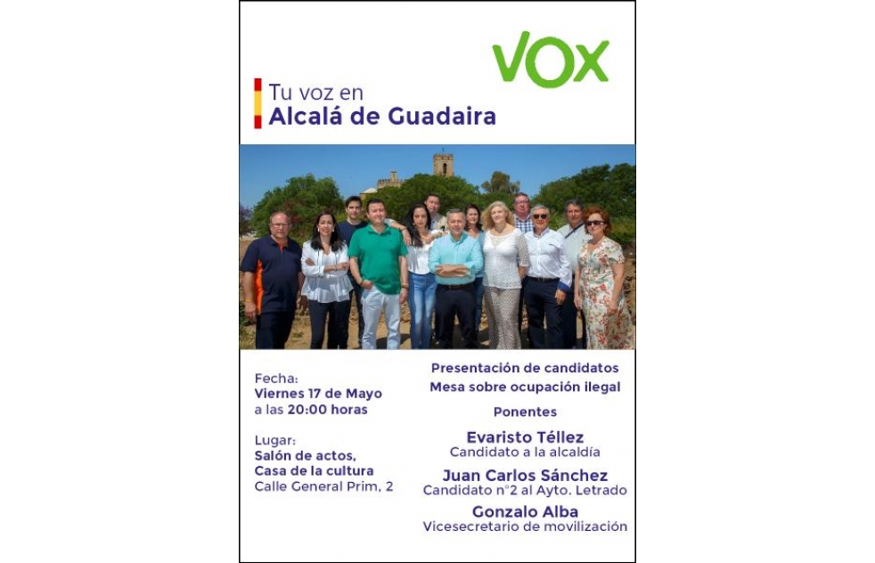 Vox presenta a su lista electoral este viernes 17 de mayo en la Casa de la Cultura